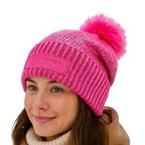 Kurt Geiger London Metallic Rib Pom Beanie Pink Logo Patch Cuff New!